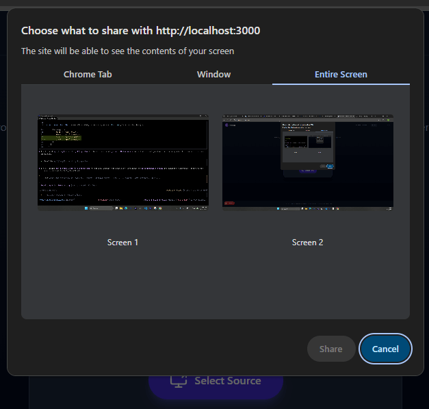 Screenshot: Browser source selection dialog showing Screen, Window, and Tab options