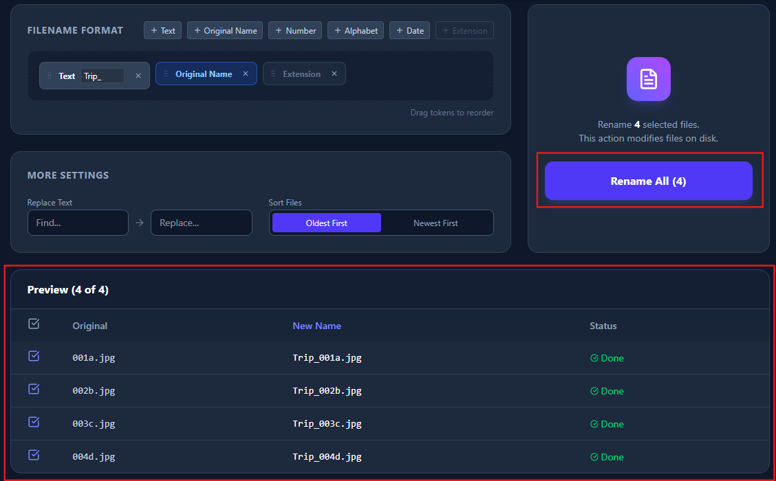 Screenshot: File Preview Table showing original and new names with status