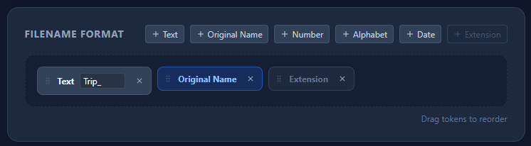 Screenshot: Token Builder showing dragging and various token types