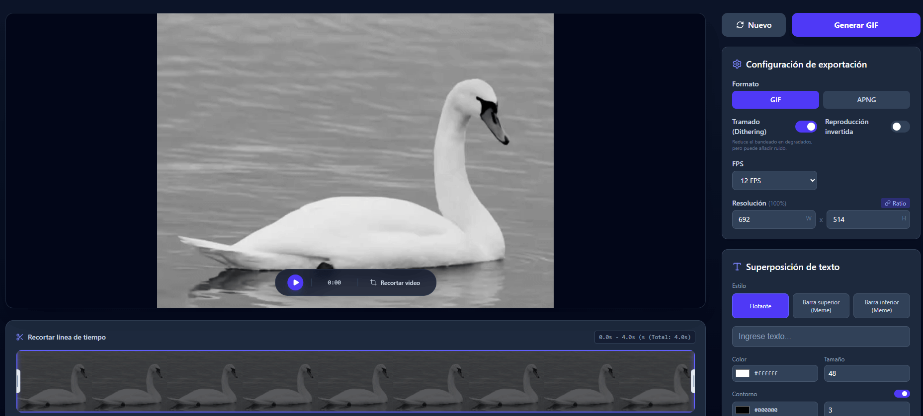 Captura de pantalla: Interfaz del Editor de Video mostrando la línea de tiempo y el panel lateral
