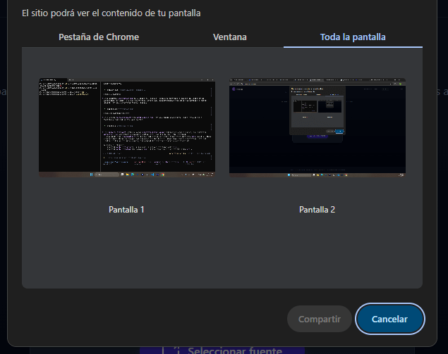 Captura de pantalla: Diálogo de selección de fuente del navegador mostrando opciones de Pantalla, Ventana y Pestaña
