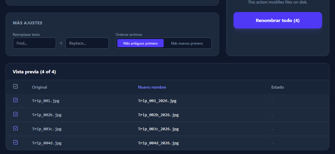 Captura de pantalla: Tabla de vista previa de archivos mostrando nombres originales y nuevos con estado