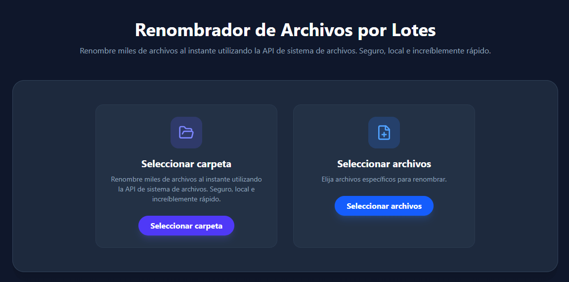 Captura de pantalla: Botones de selección de archivos del Renombrador por Lotes