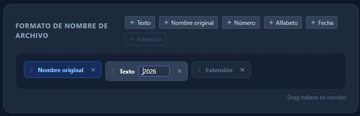 Captura de pantalla: Constructor de Tokens mostrando arrastre y varios tipos de tokens