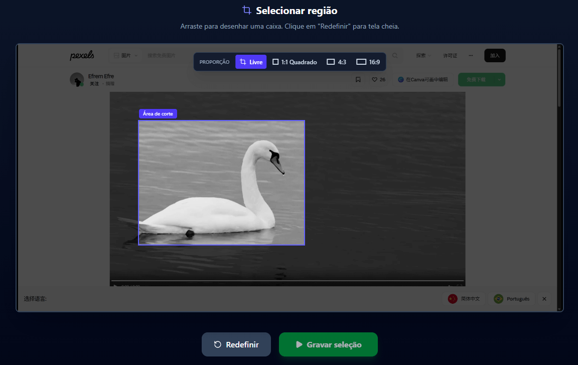 Captura de tela: Interface do gravador mostrando a visualização e a sobreposição de corte