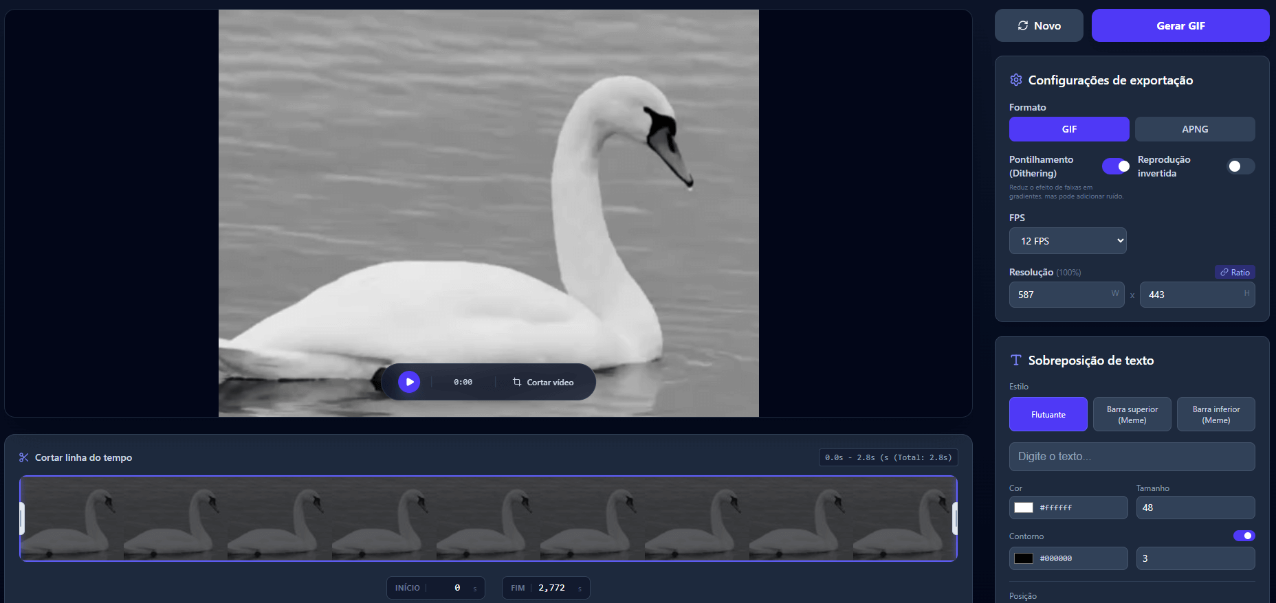 Captura de tela: Interface do Editor de Vídeo mostrando a linha do tempo e o painel lateral