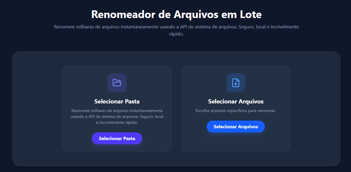 Captura de tela: Botões de seleção de arquivos do Renomeador de Lote