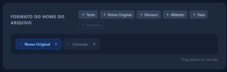 Captura de tela: Construtor de Tokens mostrando arrastar e vários tipos de tokens